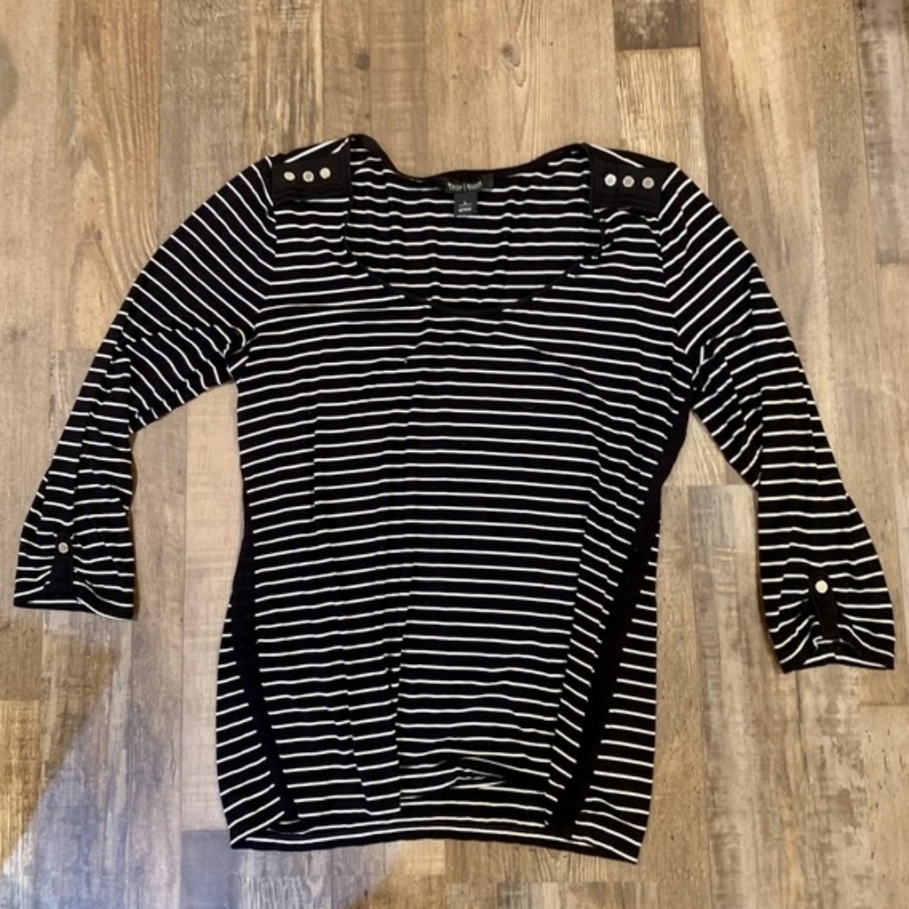 White House Black Market 3/4 Length Sleeve Stripe Shirt Silver Button Top Lg